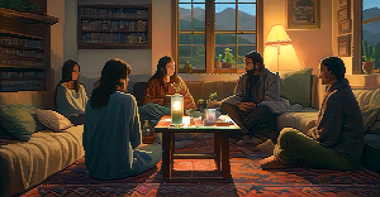 A cozy room with people discussing their peyote experience, featuring cushions, ambient lighting, and a journal.