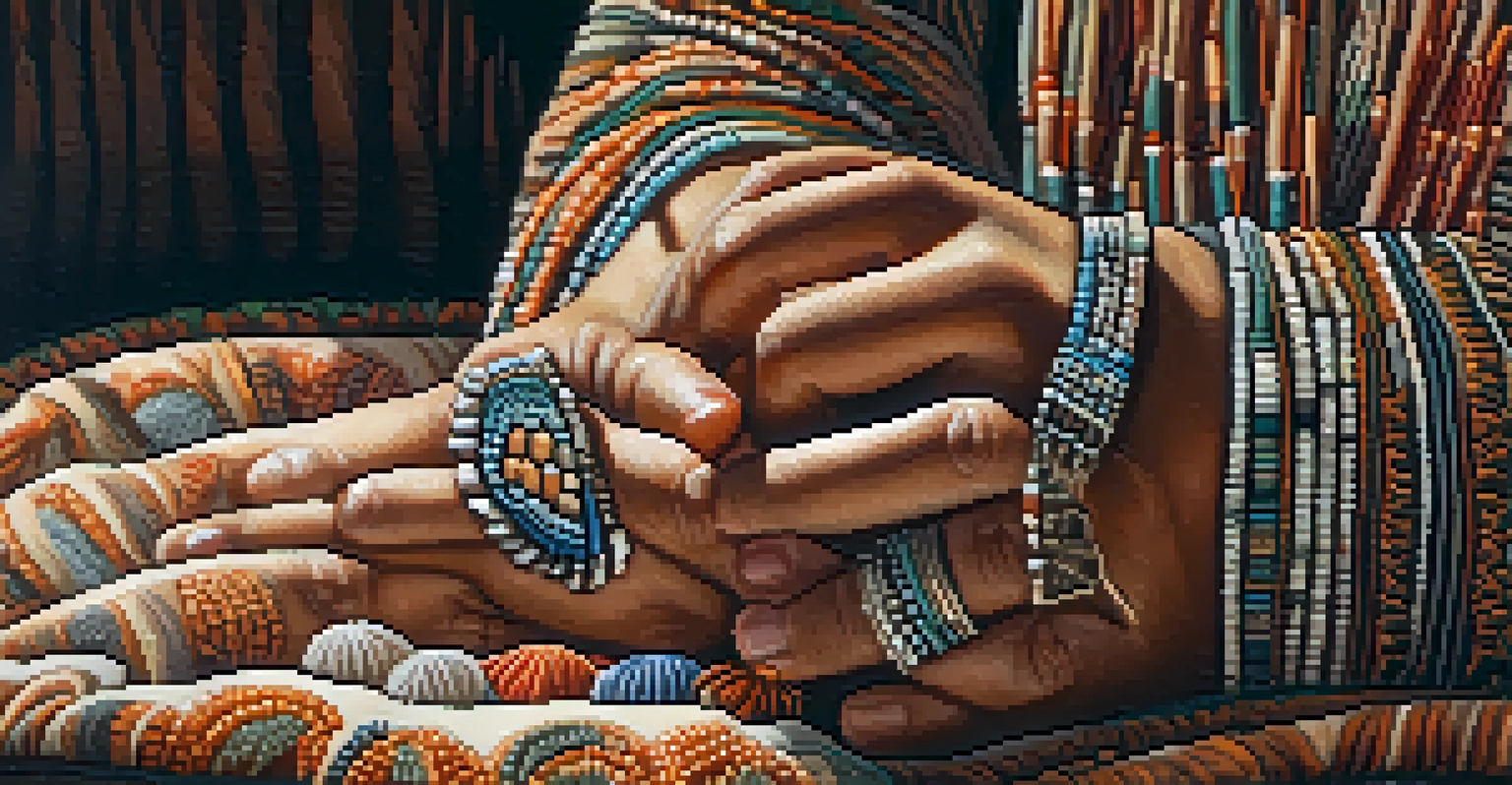 A close-up of hands holding a peyote cactus against a blurred background of Indigenous art patterns.