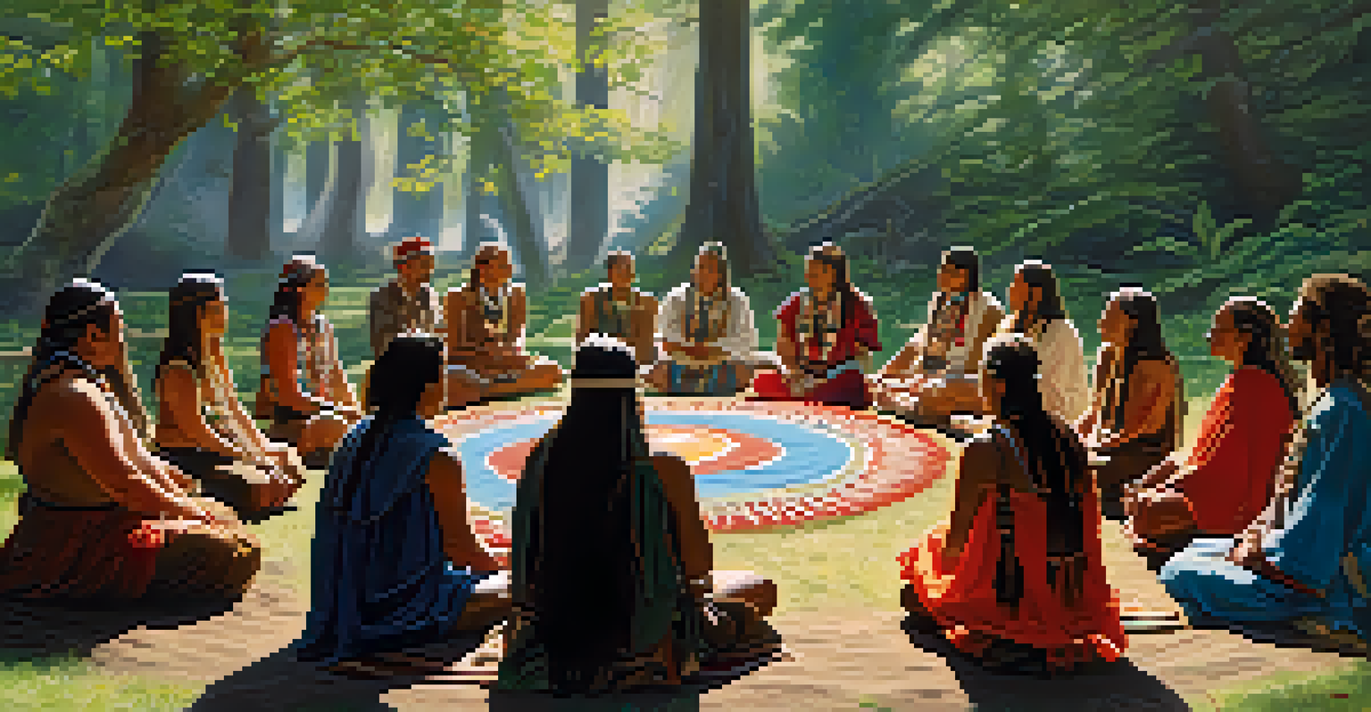 A group of people seated in a circle during a peyote ceremony in a natural setting, led by a shaman with traditional items.