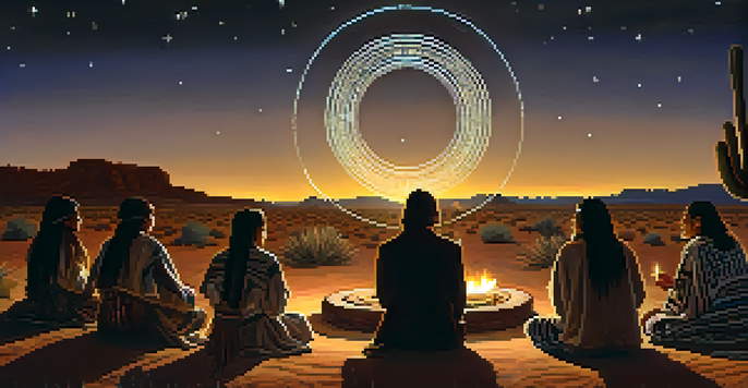 A peaceful Native American ceremony with participants sharing stories under a starry sky, illuminated by candlelight.