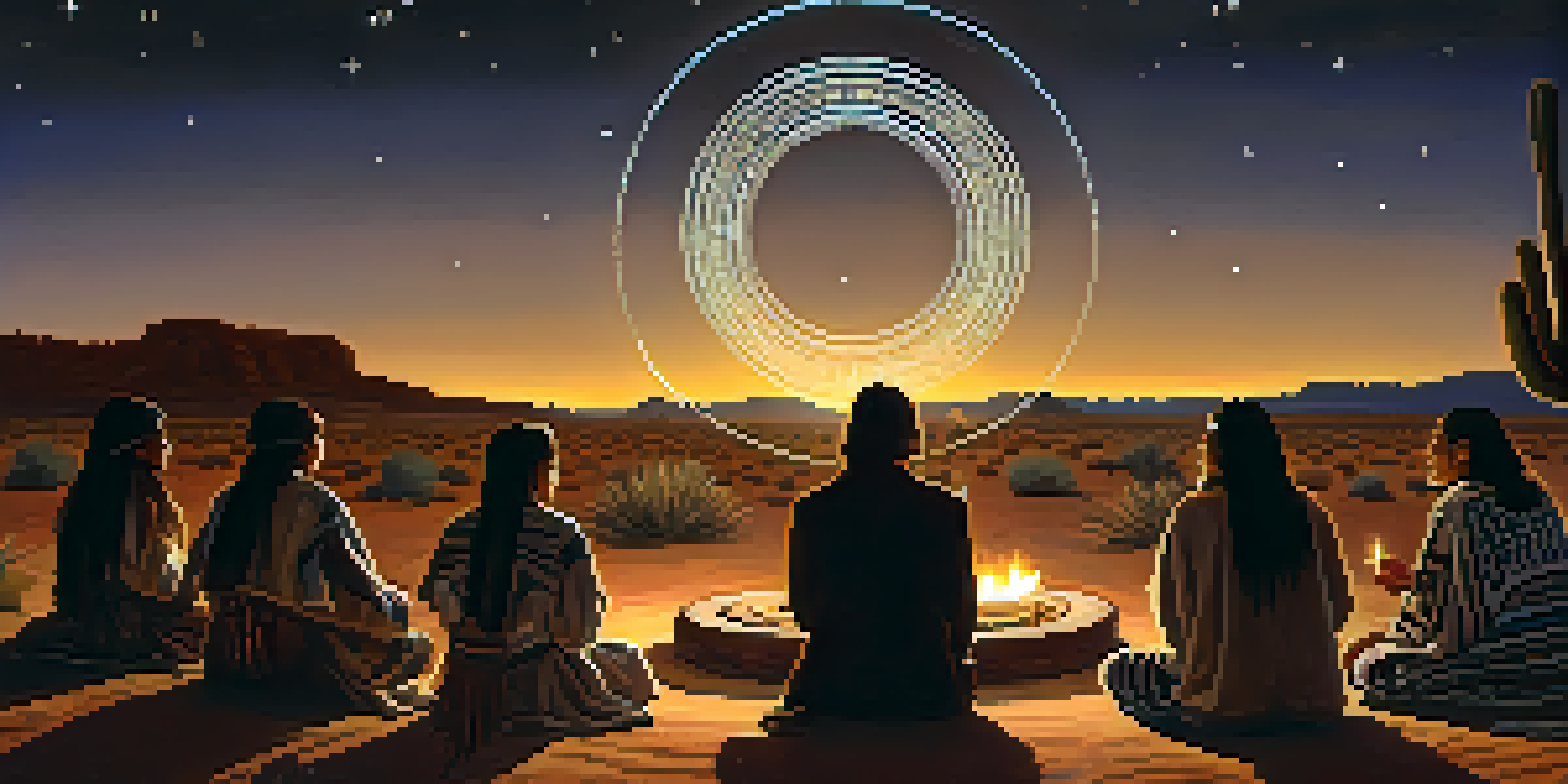 A peaceful Native American ceremony with participants sharing stories under a starry sky, illuminated by candlelight.