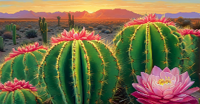 A close-up of a peyote cactus with pink flowers and a blurred desert landscape in the background during sunset.