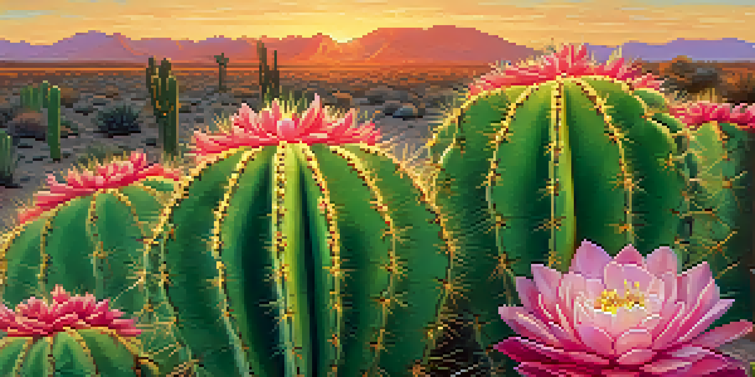 A close-up of a peyote cactus with pink flowers and a blurred desert landscape in the background during sunset.