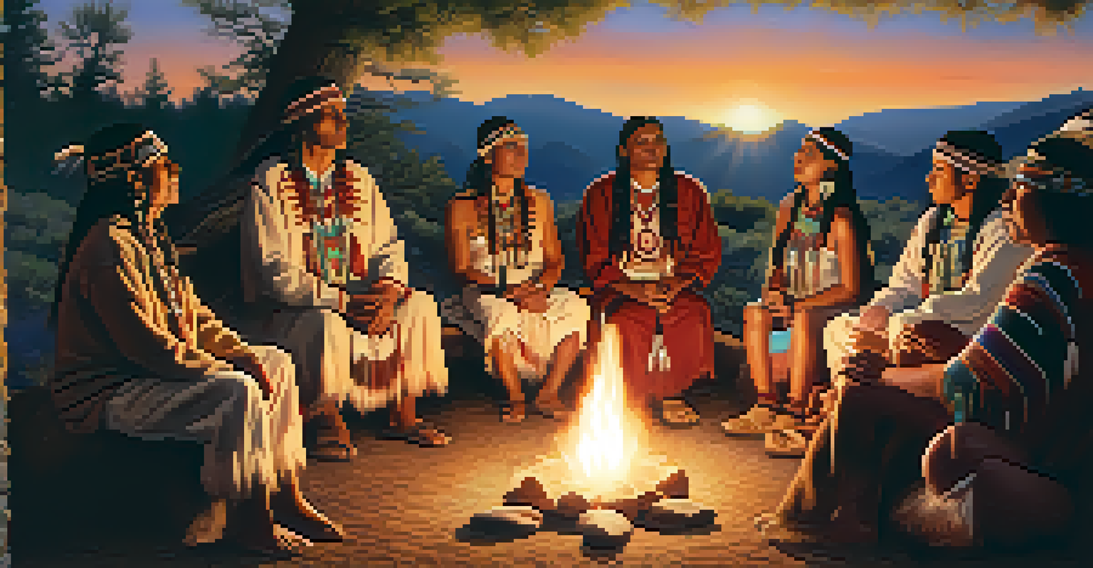 A group of Native Americans in traditional attire gathered around a fire in a ceremonial setting.