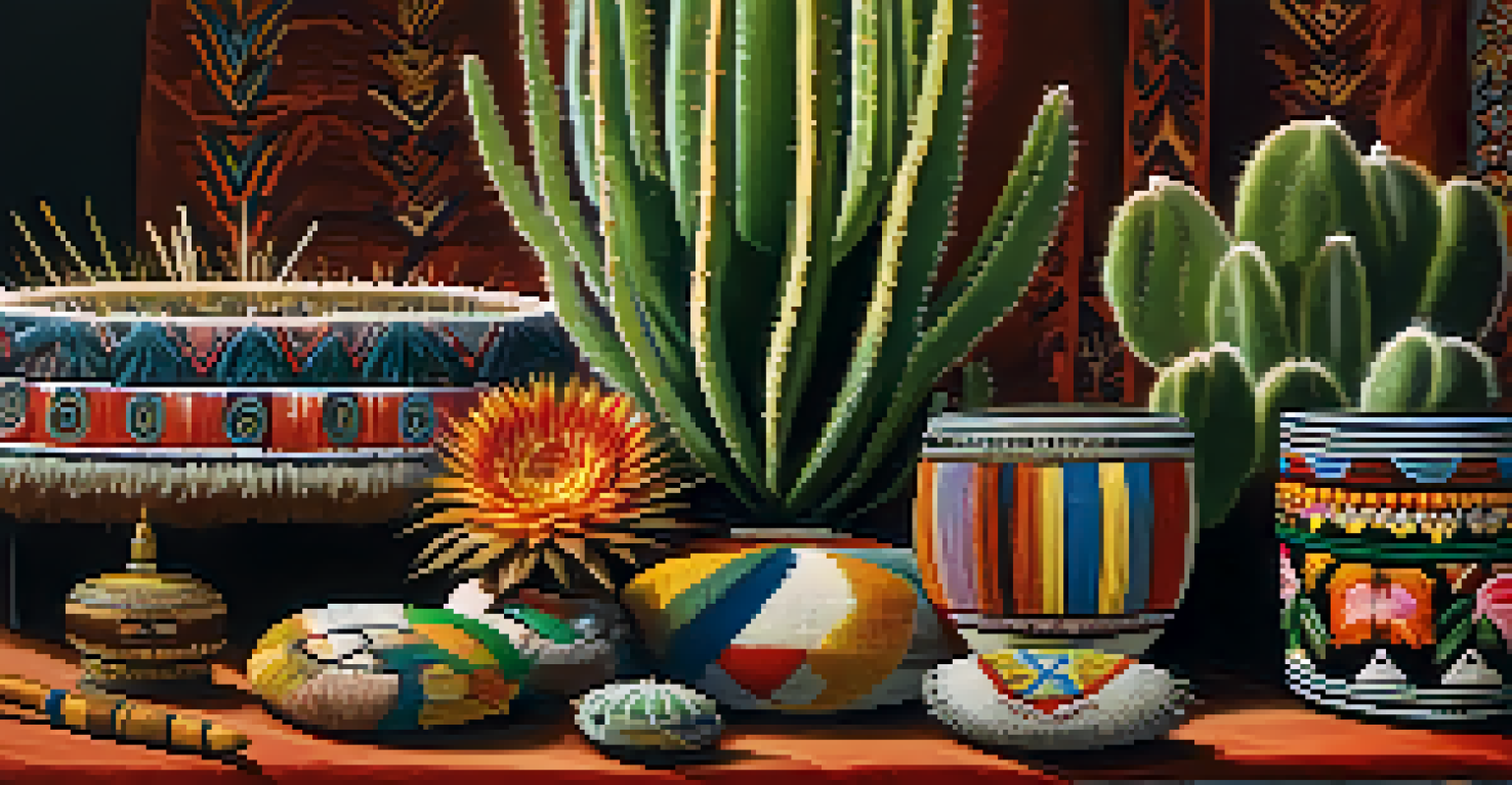 Close-up of a peyote cactus with ceremonial items blurred in the background.