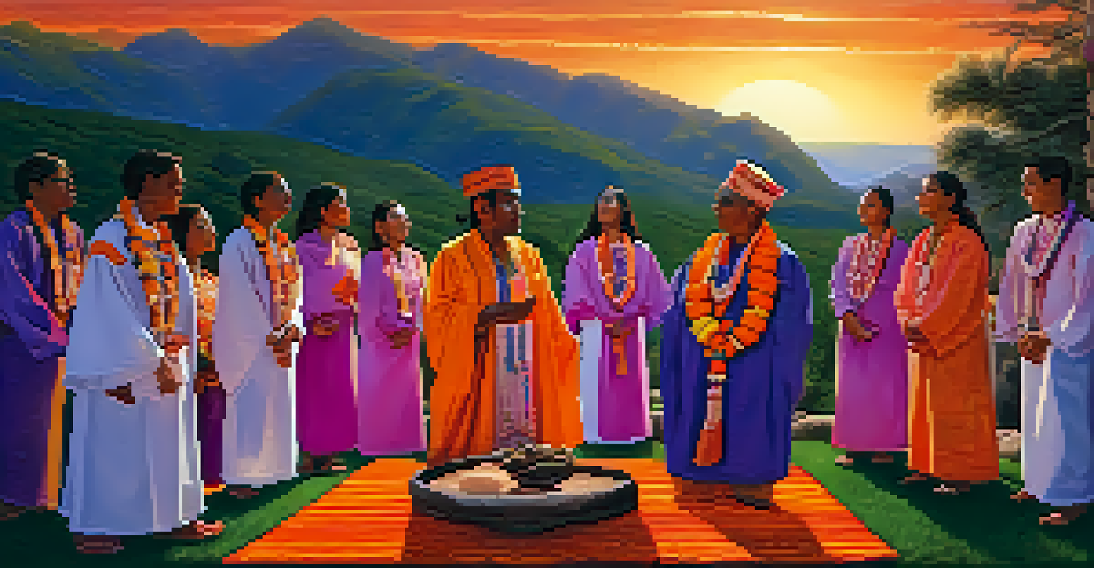 Participants in a Peyote ceremony singing together with hands raised, set against a vibrant sunset in a natural landscape.