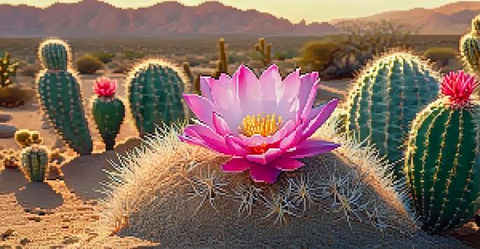 Close-up image of a flowering peyote cactus in the desert, highlighting its textured skin and pink flowers under soft sunlight.