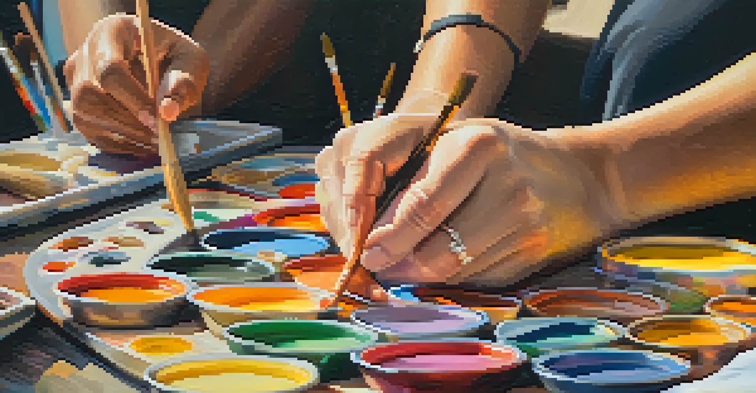 Close-up of hands painting on a canvas during a Peyote ceremony, surrounded by colorful paints and other participants in the background.