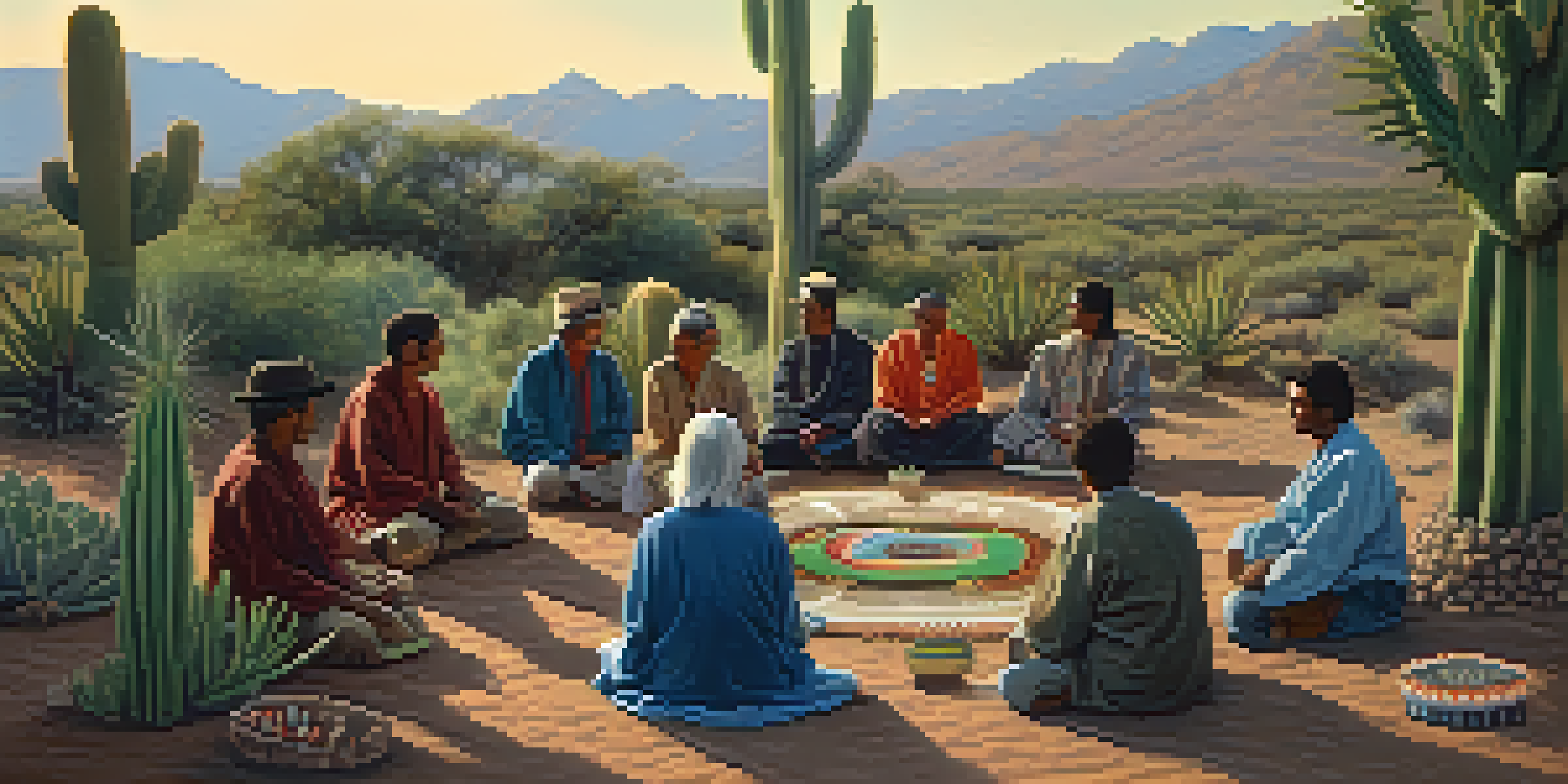 Community members gathered around a peyote cactus in a ceremonial setting.