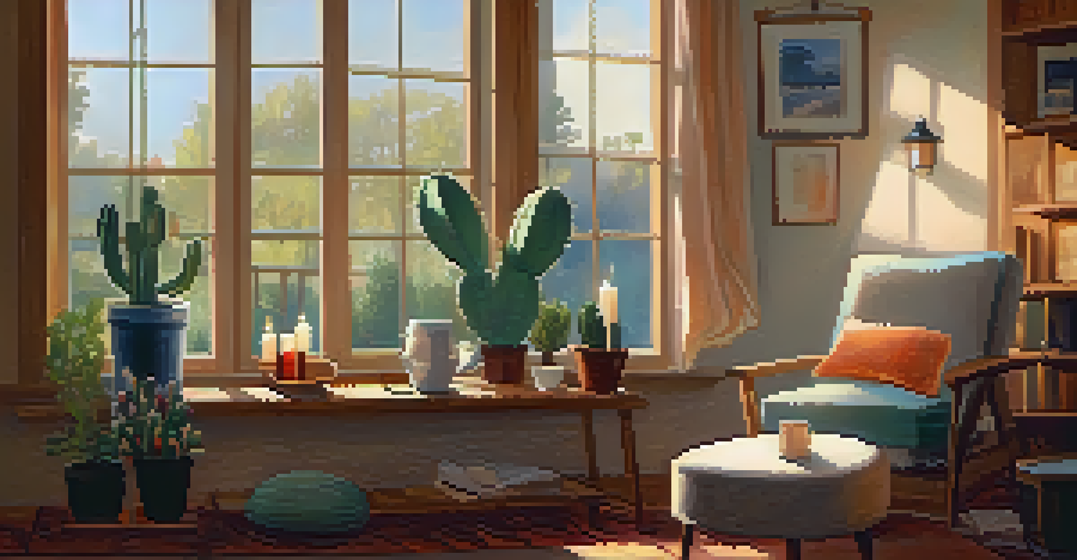 A cozy therapy room with a Peyote cactus on a table, warm lighting, and a person journaling.