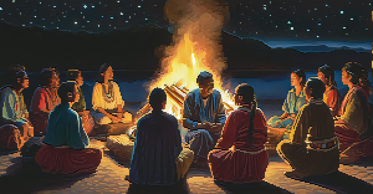 A diverse group of people around a fire, sharing stories and connecting.
