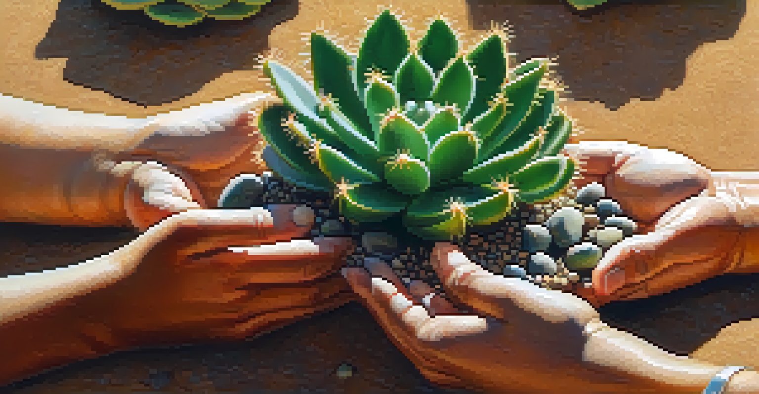 Close-up of hands sharing a small peyote cactus against a softly blurred natural background.