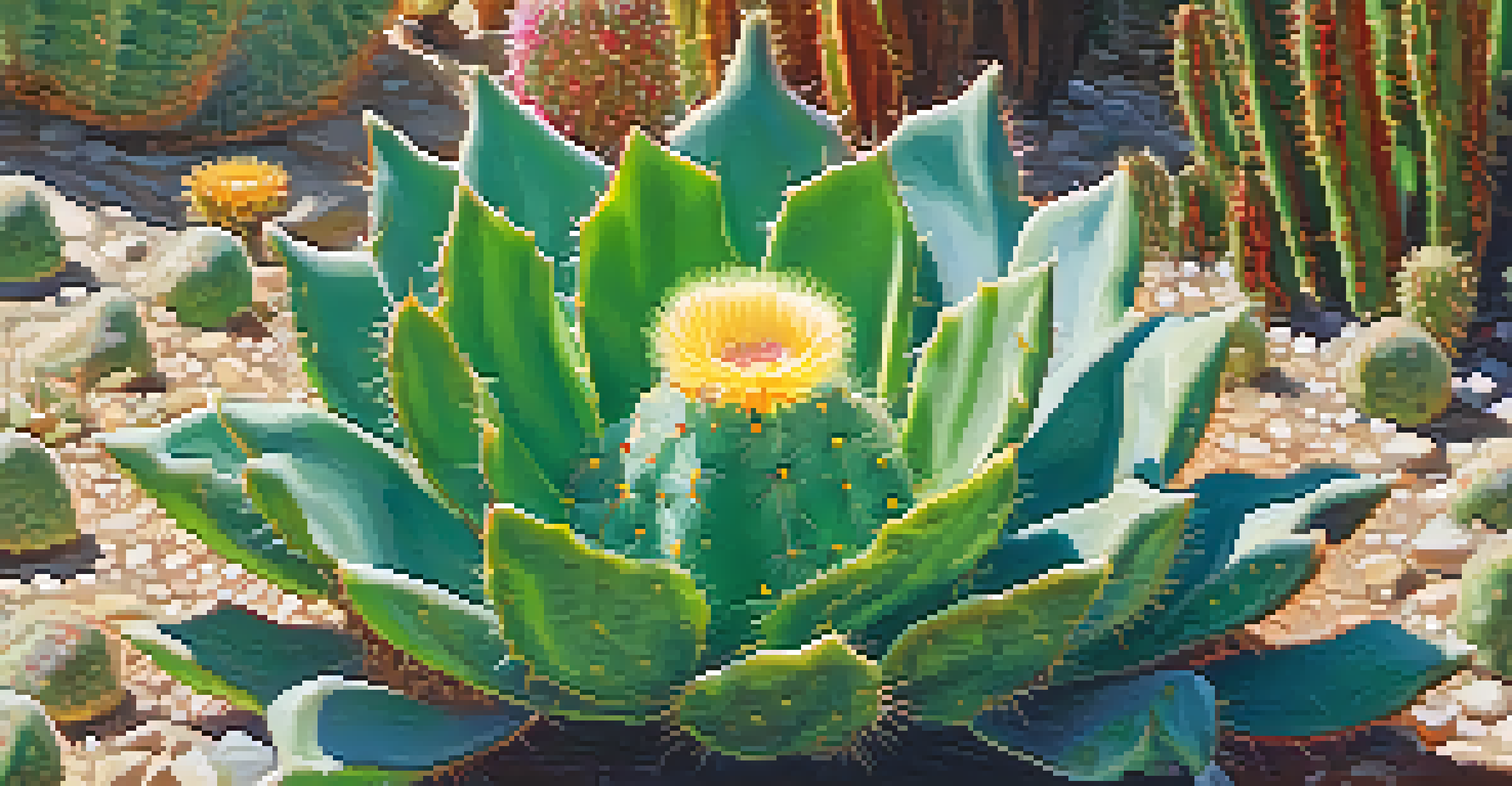 A close-up view of a vibrant green peyote cactus with colorful flowers, set against a soft blurred natural background, illuminated by warm lighting.