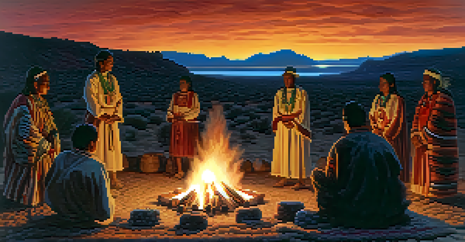 An Indigenous ceremony at dusk with participants around a fire, colorful attire, and a peyote cactus, illuminated by flames.
