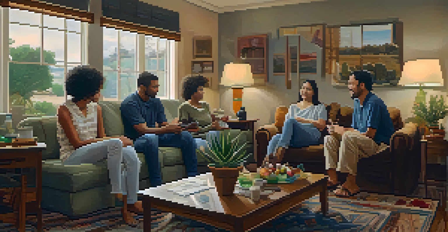 A warm family gathering in a living room, showcasing members engaged in a supportive discussion with a Peyote cactus in the background.