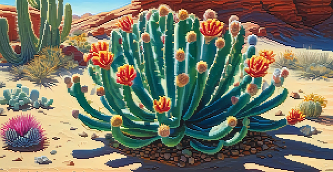 A close-up view of a peyote cactus with colorful flowers around it under a blue sky, illuminated by warm sunlight.