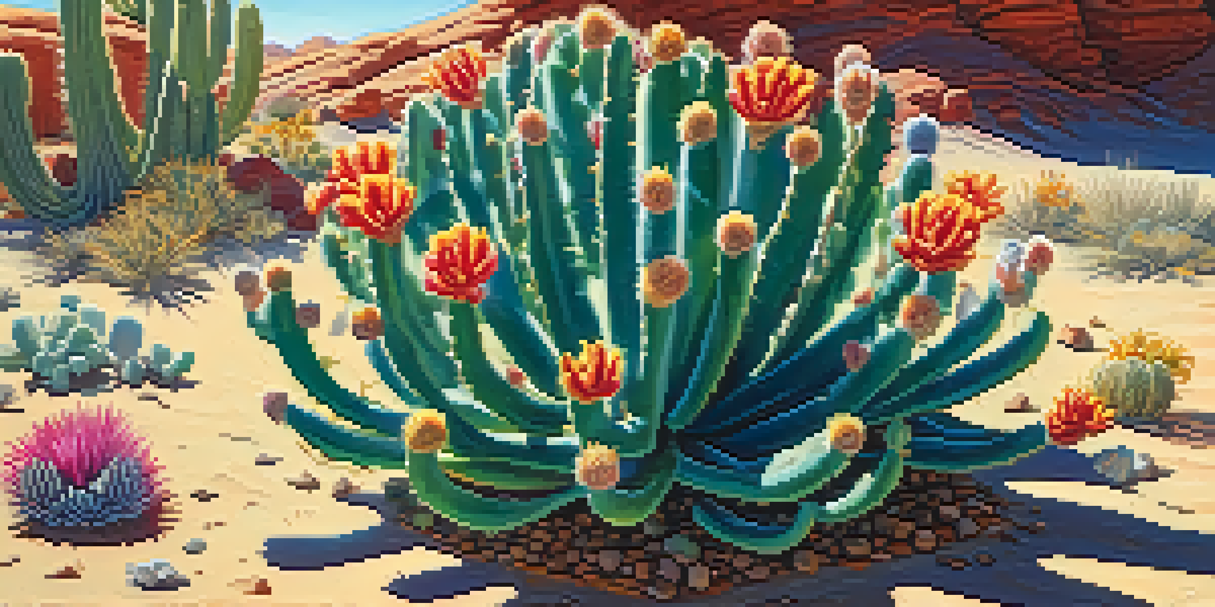 A close-up view of a peyote cactus with colorful flowers around it under a blue sky, illuminated by warm sunlight.