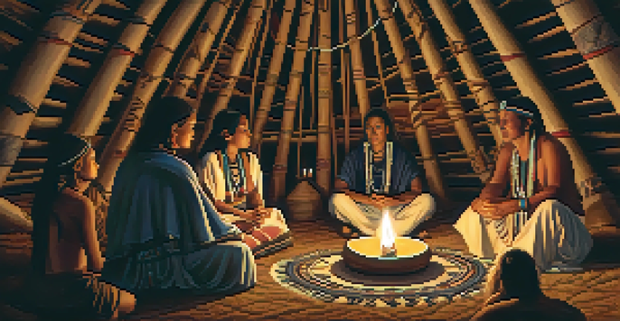 A nighttime Peyote ceremony inside a tipi, illuminated by soft candlelight, with participants seated in a circle, showcasing traditional decorations.