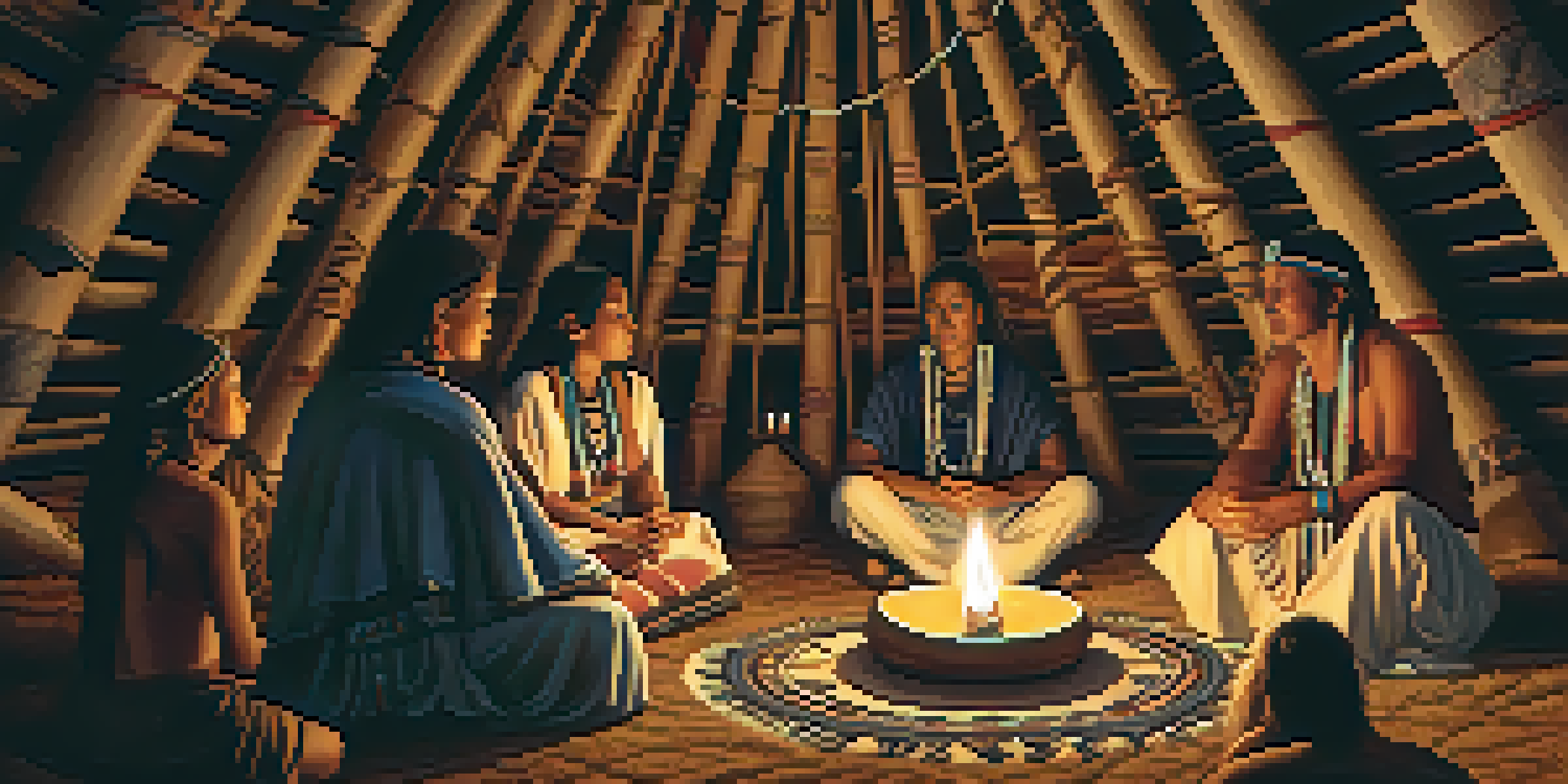 A nighttime Peyote ceremony inside a tipi, illuminated by soft candlelight, with participants seated in a circle, showcasing traditional decorations.