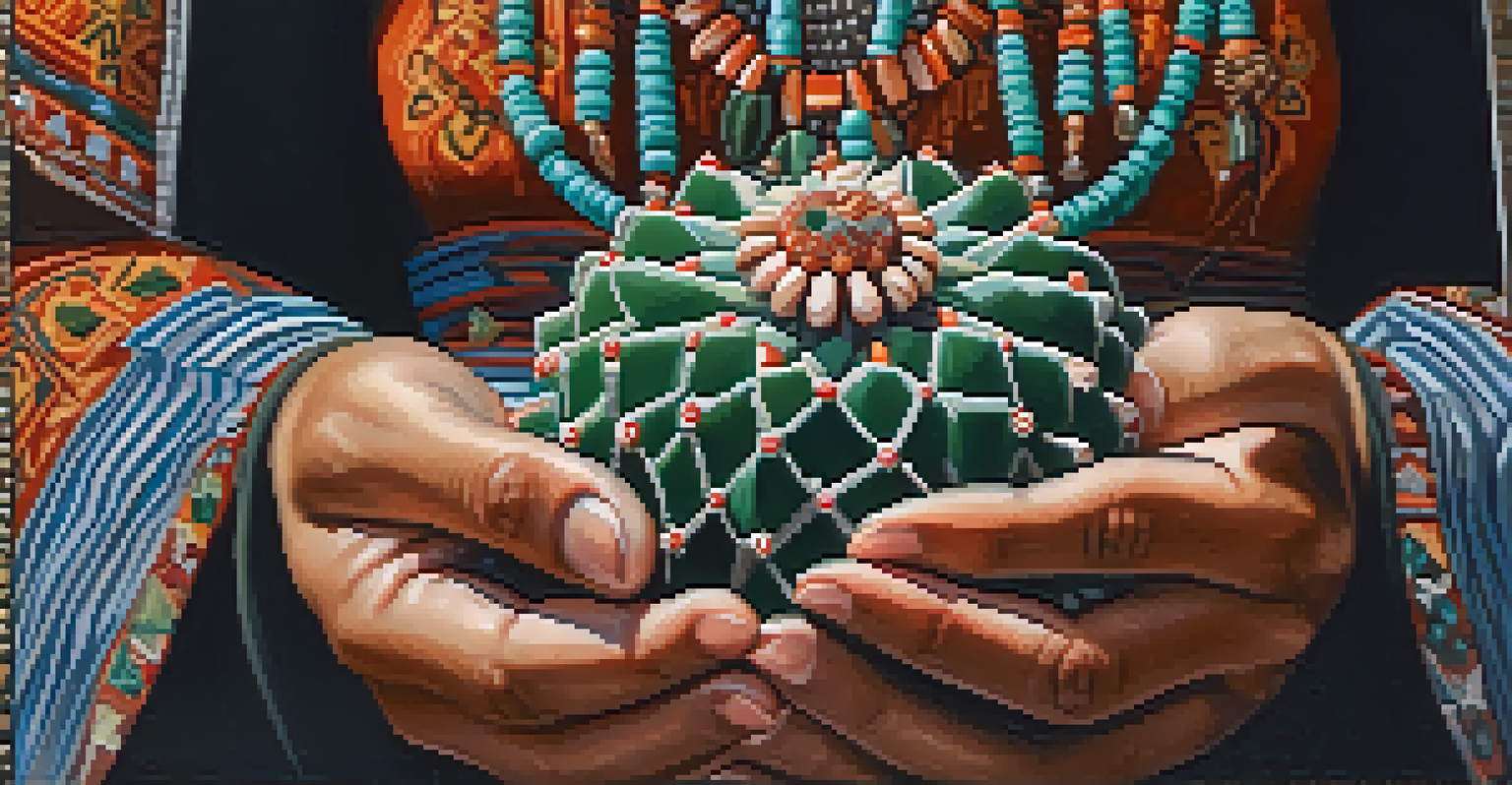A close-up of a woman holding a peyote cactus, showcasing her traditional jewelry and intricate hand patterns, with a softly blurred background.