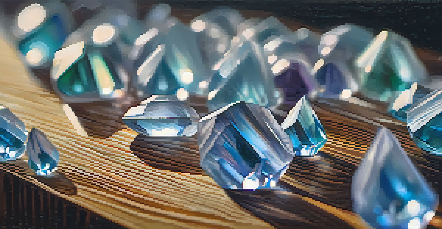 Close-up of mescaline crystals on a wooden surface, with dramatic lighting highlighting their details and colors.
