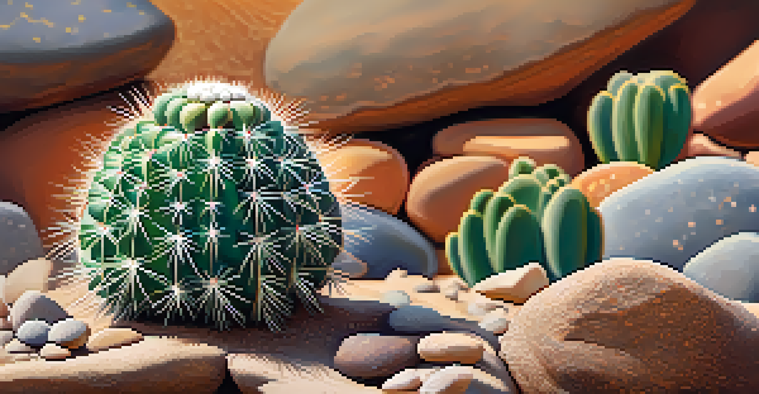 A close-up of a peyote cactus with vibrant colors and textures, surrounded by natural elements like stones and feathers.
