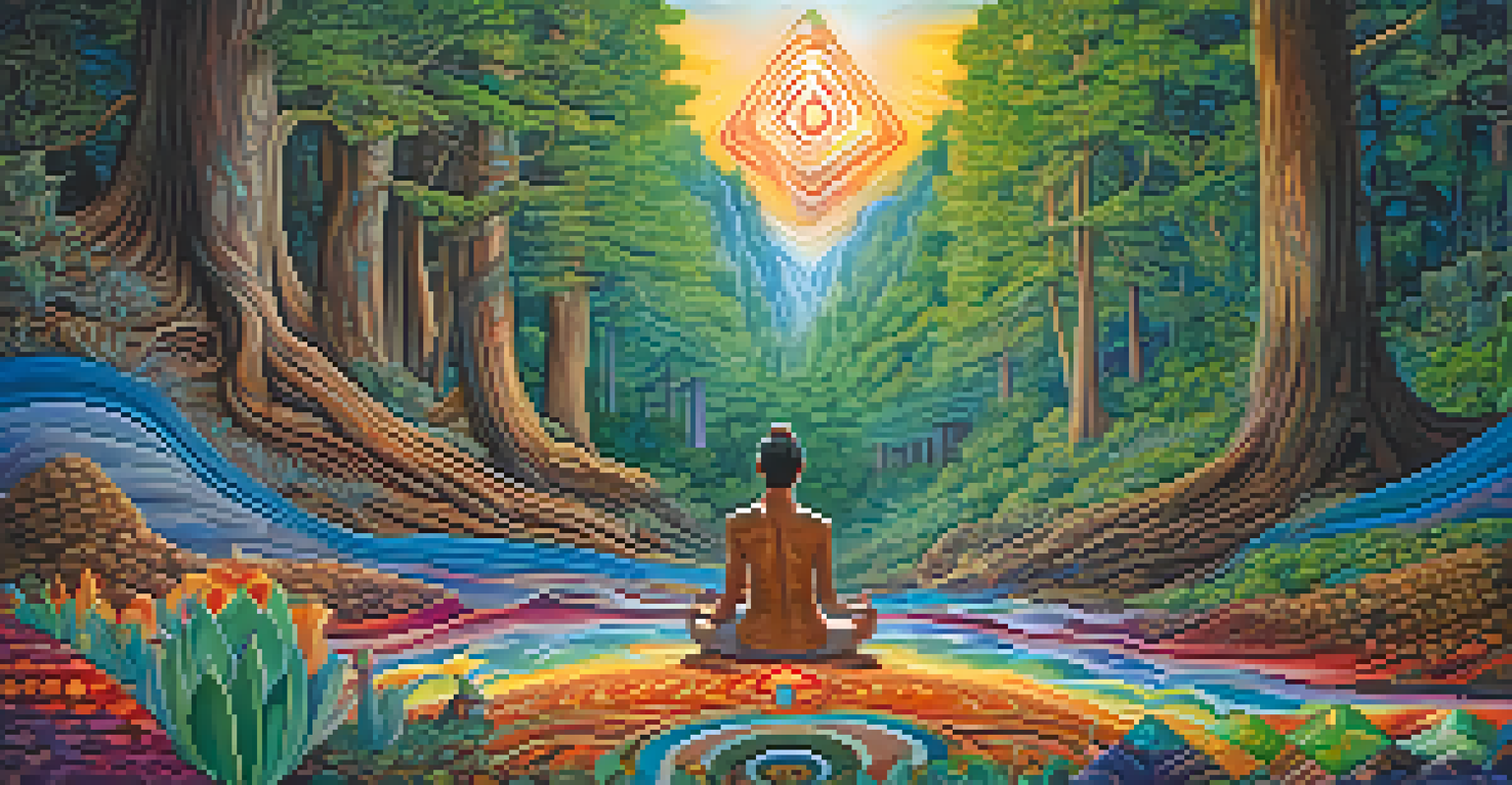 A person meditating in a forest, surrounded by abstract colorful patterns, illustrating a peyote experience.
