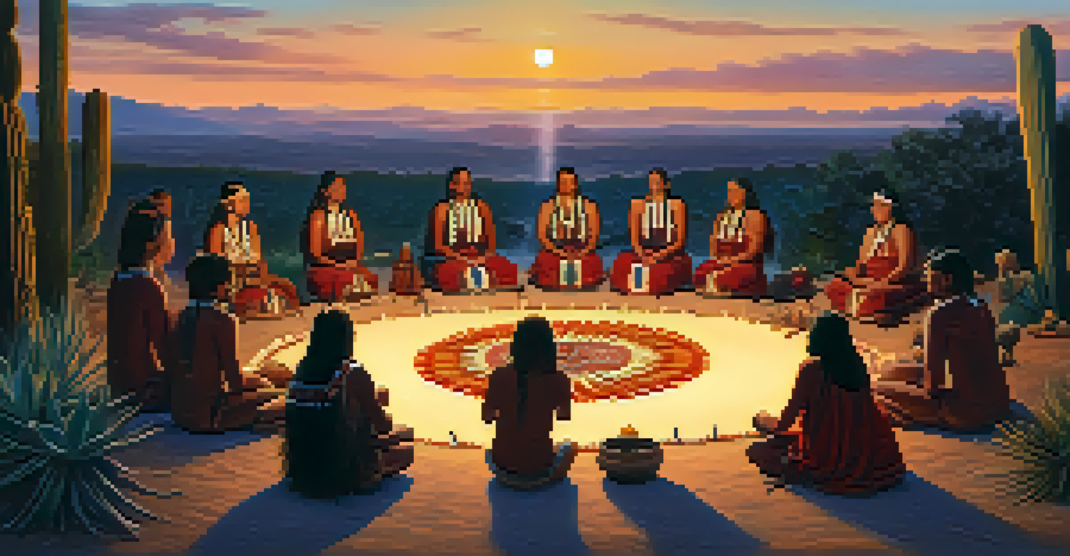 Indigenous ceremony gathering in nature with participants around an altar featuring peyote and traditional items.