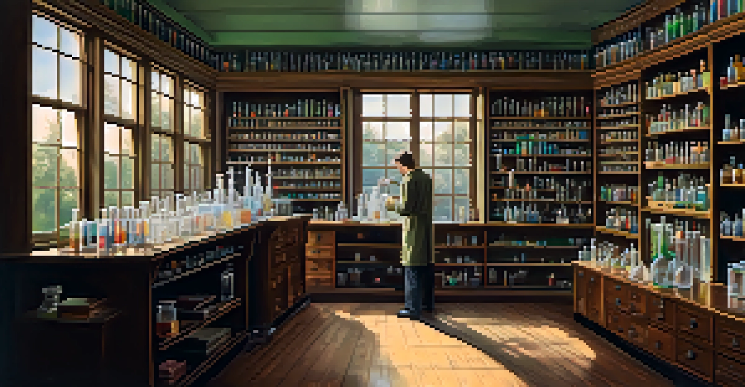 A vintage laboratory scene with a scientist examining a vial of LSD, surrounded by glassware and scientific books in a sunlit room.