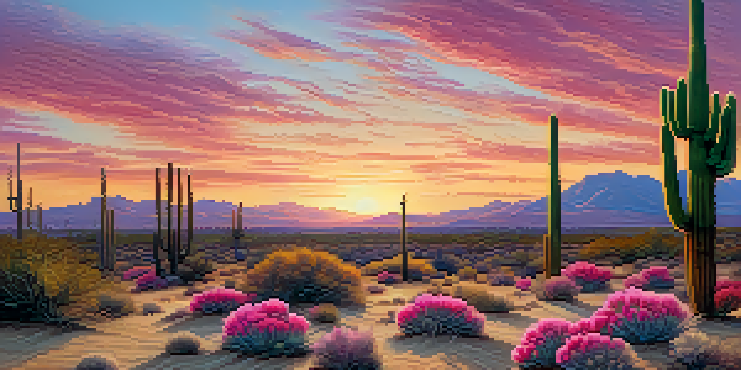 A peaceful desert scene at sunset with peyote cacti and colorful flowers under a vibrant sky.
