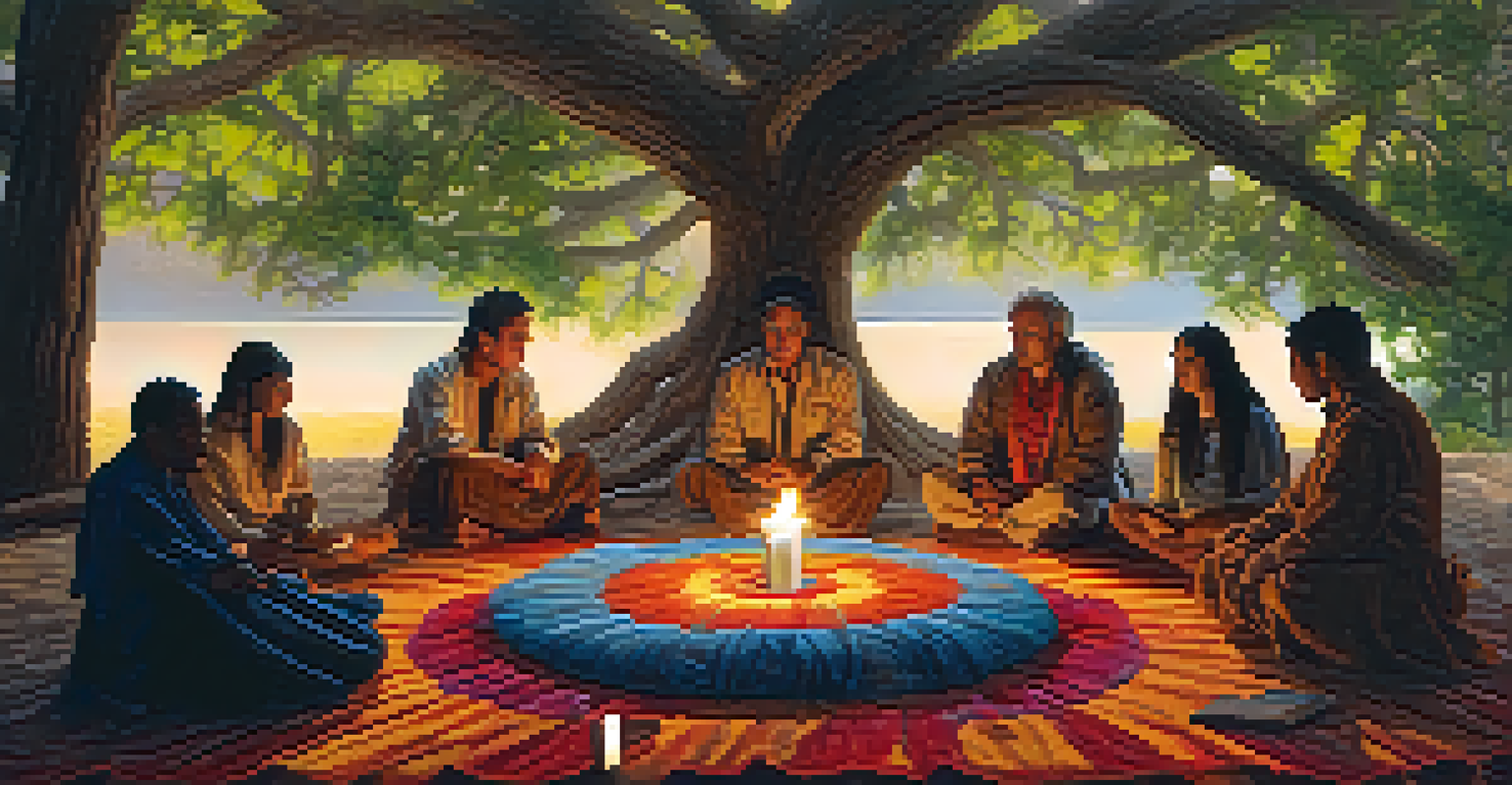 Participants in a circle during a peyote ceremony, with candles and colorful fabrics in a natural setting.