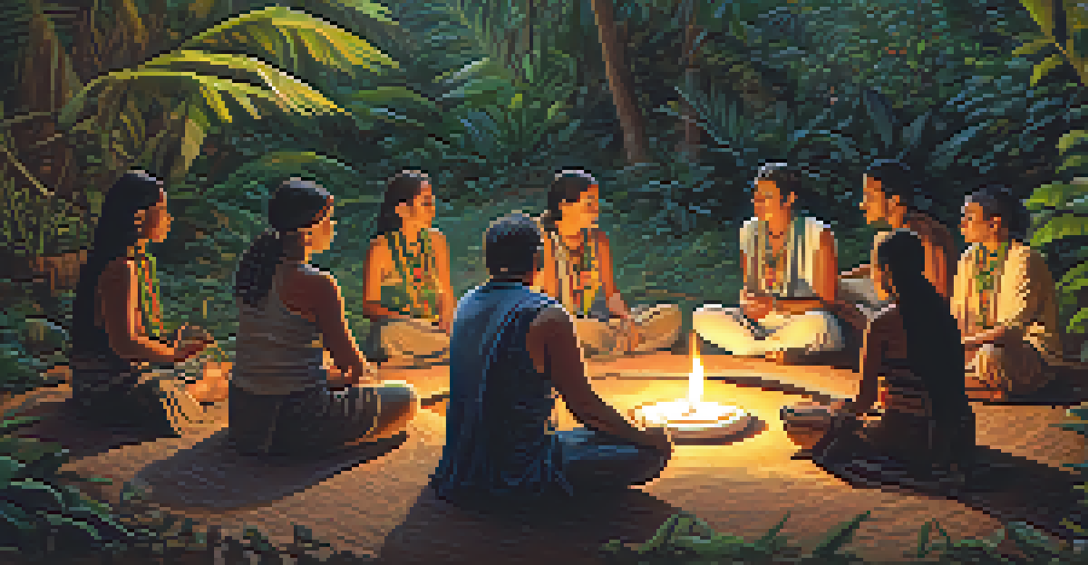 A group of people in a peyote ceremony, sitting in a circle surrounded by nature and candlelight.