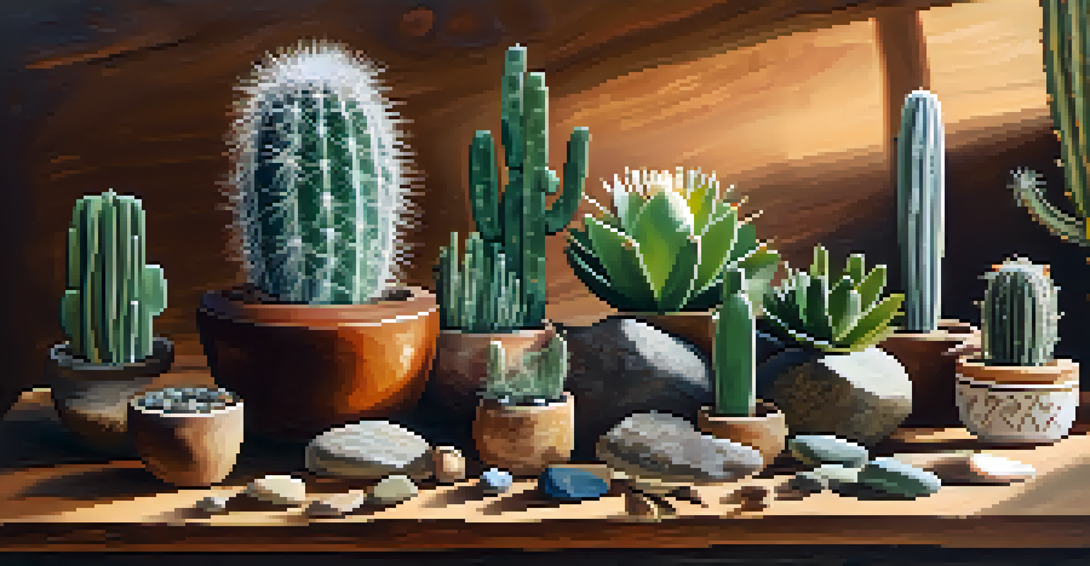 A close-up of a peyote cactus on a wooden table surrounded by feathers and stones, with a soft green background and warm lighting.