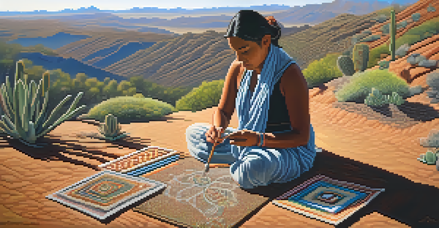 An Indigenous artist painting inspired by peyote in a natural setting, showcasing traditional attire and vibrant colors.