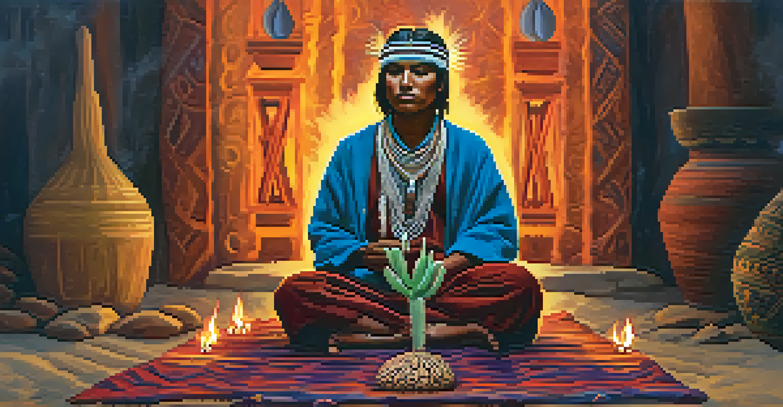 An Indigenous person in traditional attire holding a peyote cactus in a ceremonial setting with a warm fire and spiritual artifacts.