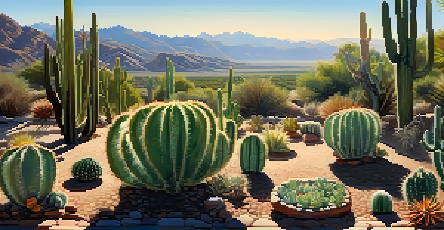 A vibrant garden of peyote cacti in their natural habitat, illuminated by early morning sunlight.