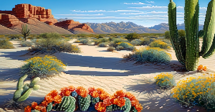 A peaceful desert scene with a peyote cactus and colorful flowers under a sunny sky.