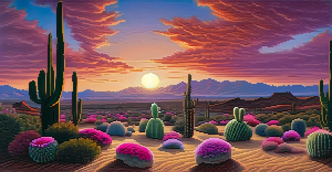 A tranquil desert scene at sunset with peyote cacti and a meditating Native American figure in traditional attire.