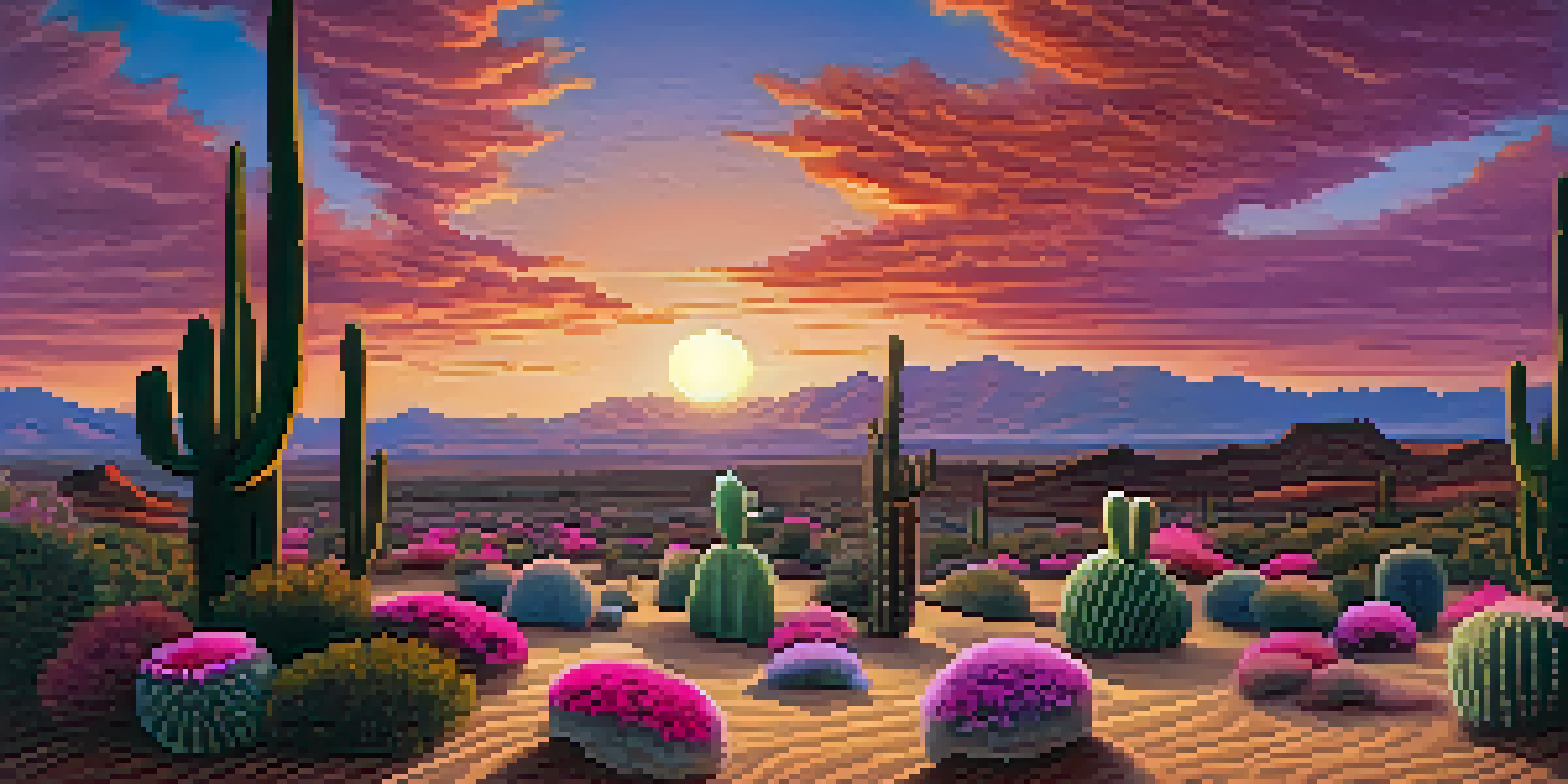 A tranquil desert scene at sunset with peyote cacti and a meditating Native American figure in traditional attire.