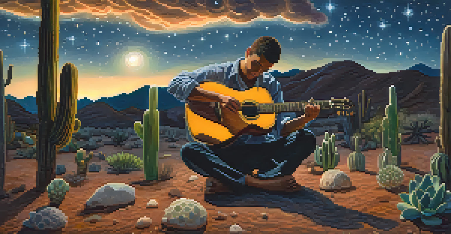 A musician under a starry sky, playing guitar surrounded by peyote cacti and a warm campfire glow.