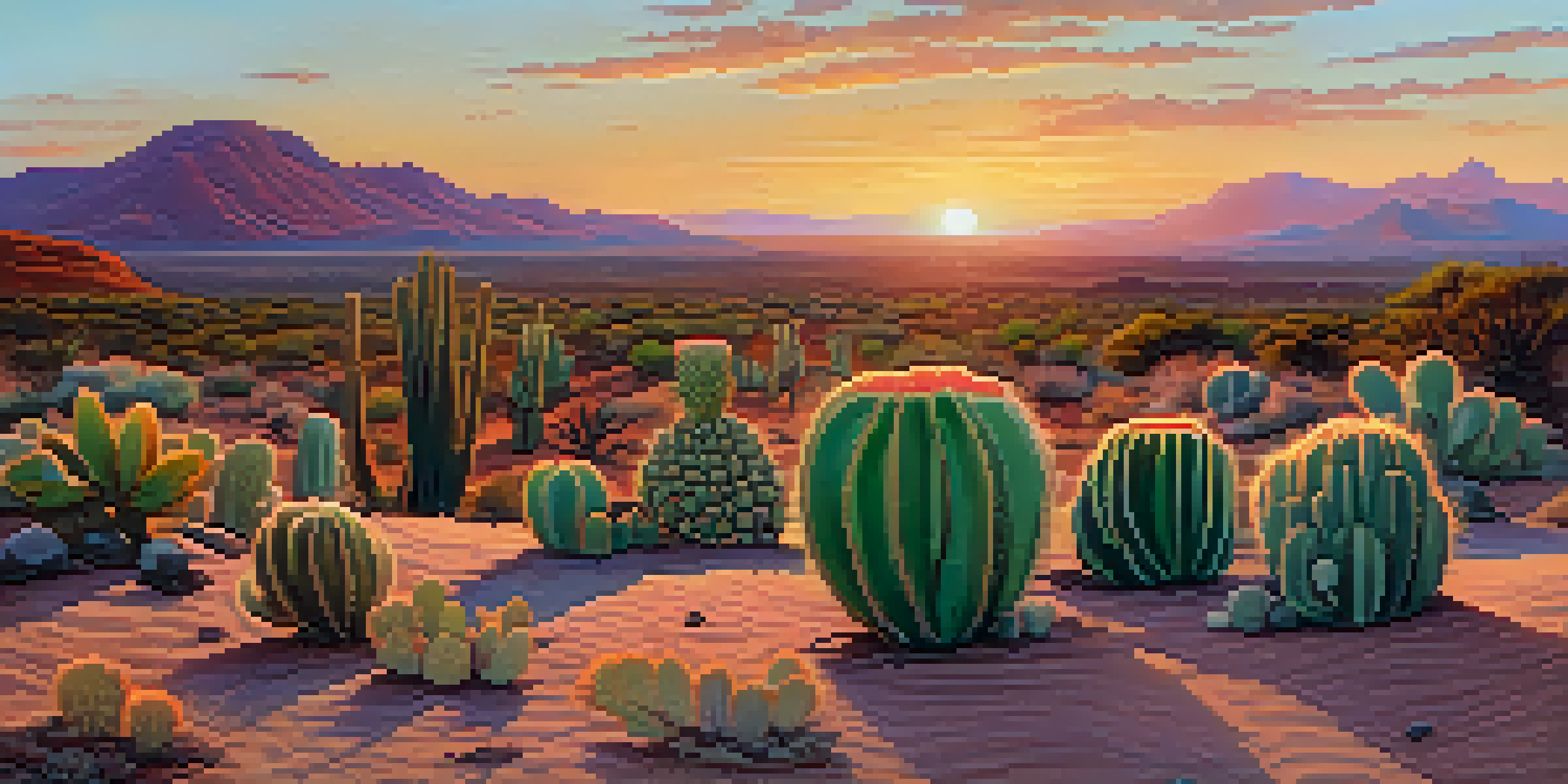 A desert landscape at sunset, showcasing peyote cacti with a colorful sky.