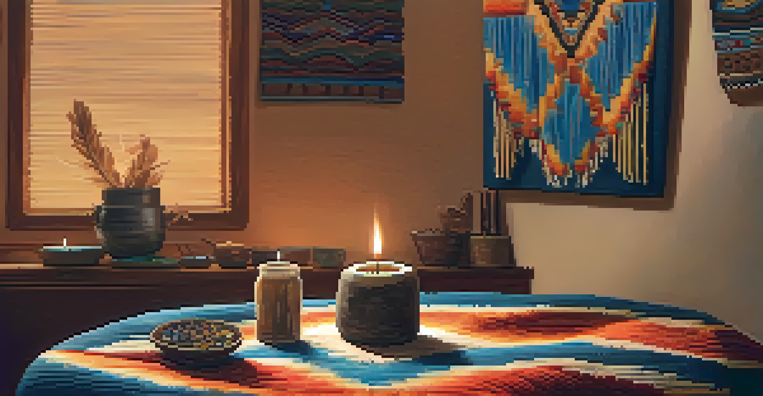 A cozy therapy room setup with peyote buttons, a candle, and indigenous art on the walls.