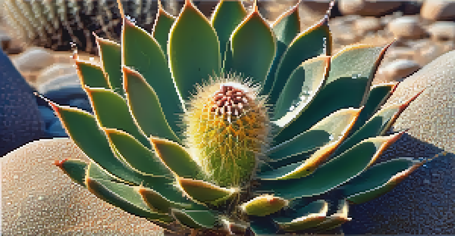 A close-up view of a peyote cactus with dew droplets on a rocky surface, showcasing nature's beauty.