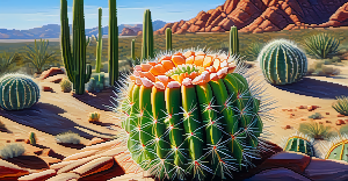 A close-up view of a peyote cactus with detailed textures and vibrant colors, set against a blurred Southwestern desert background illuminated by sunlight.