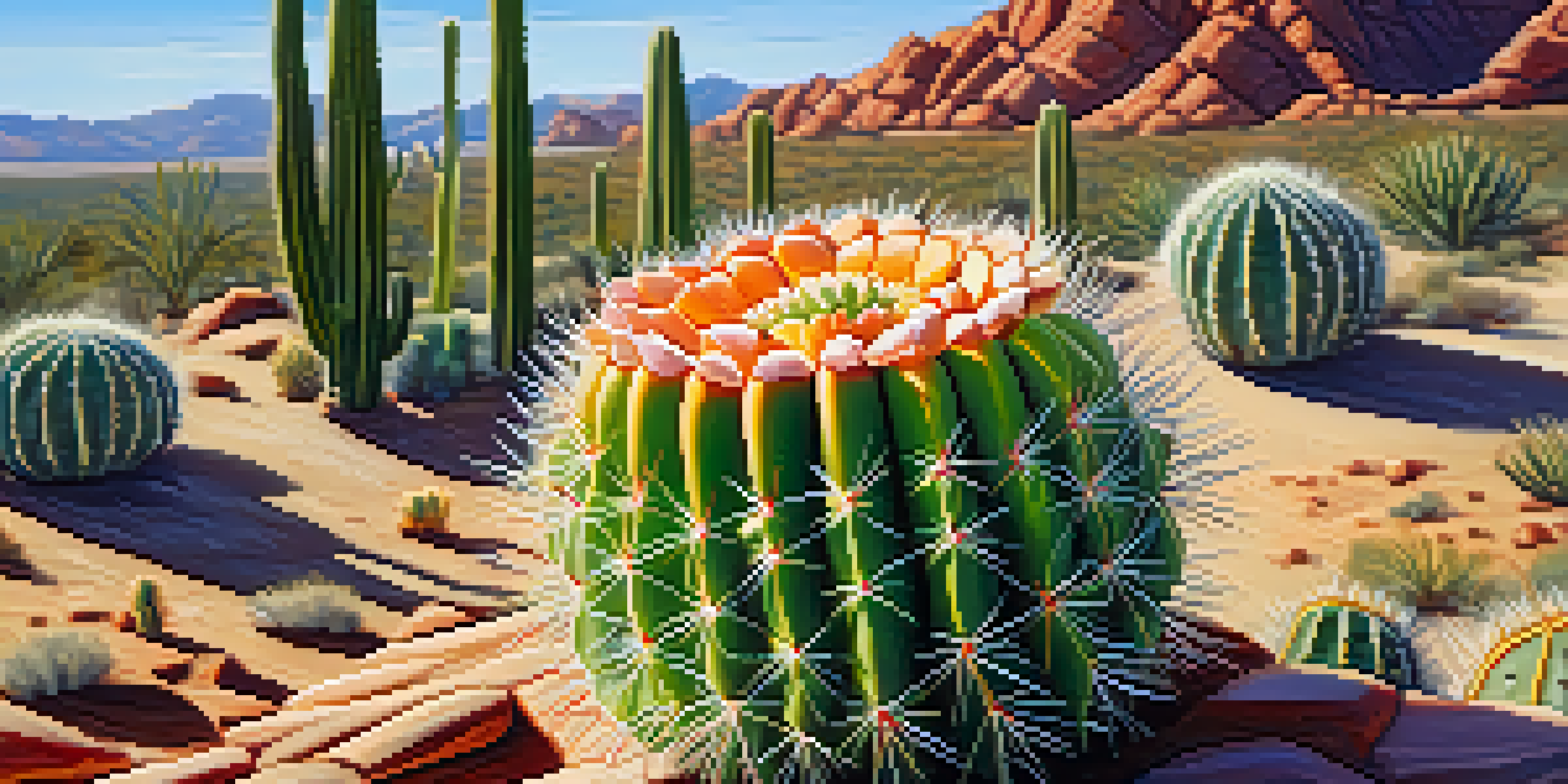 A close-up view of a peyote cactus with detailed textures and vibrant colors, set against a blurred Southwestern desert background illuminated by sunlight.