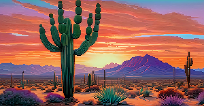 A peaceful desert landscape at sunset, with colorful skies and clusters of peyote cacti in the foreground.