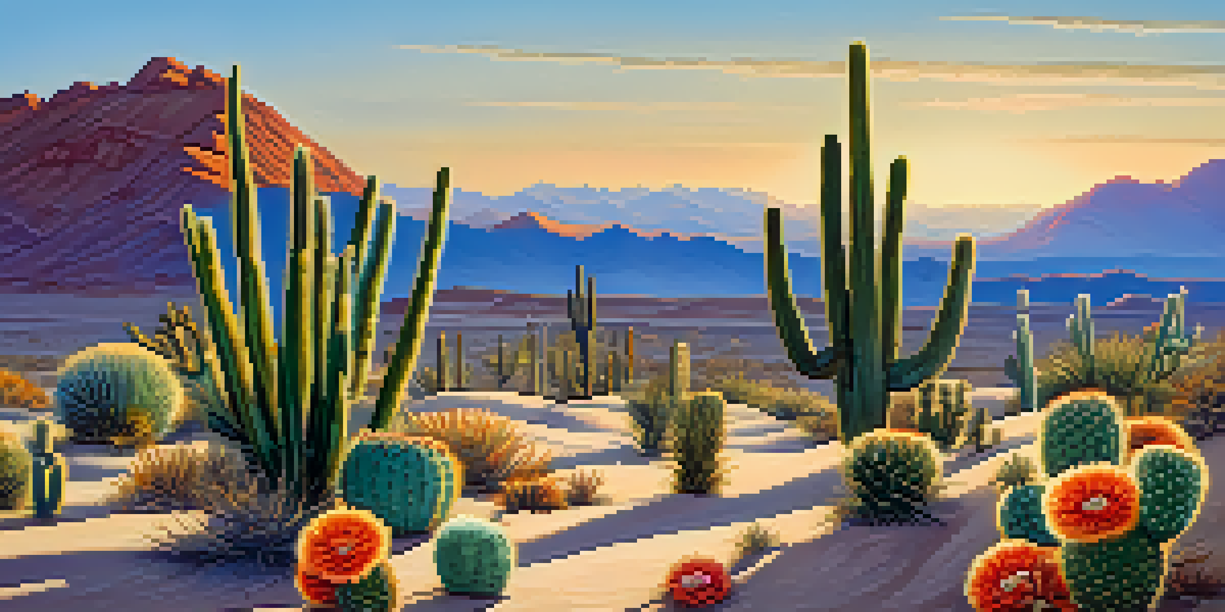 A peaceful desert scene with several peyote cacti, bright flowers, and a clear blue sky.