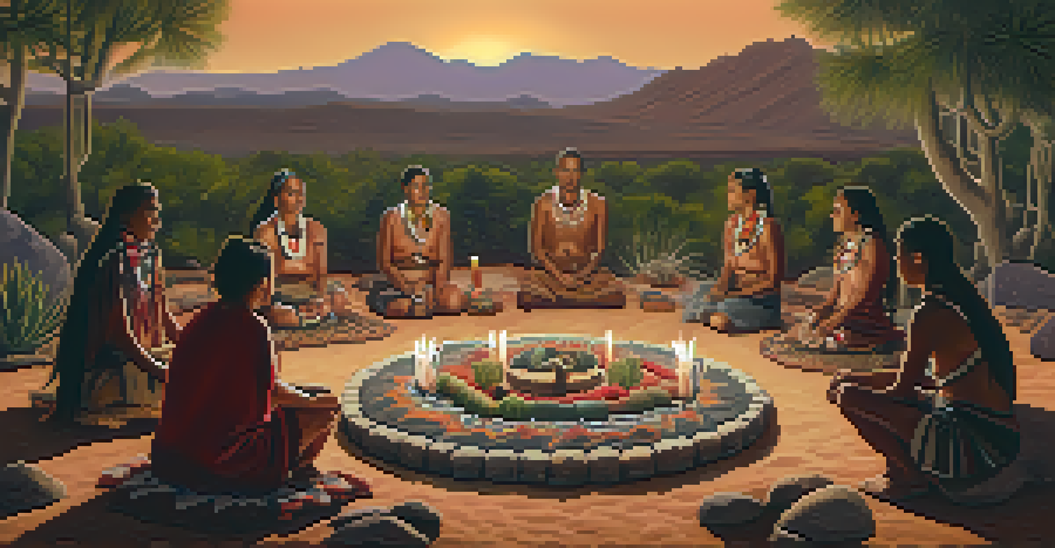 A ceremonial gathering with participants in traditional attire and peyote cacti on an altar.