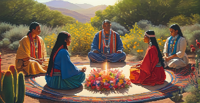 A peaceful outdoor peyote ceremony with diverse participants sitting in a circle, surrounded by wildflowers and soft earth, illuminated by warm golden light.
