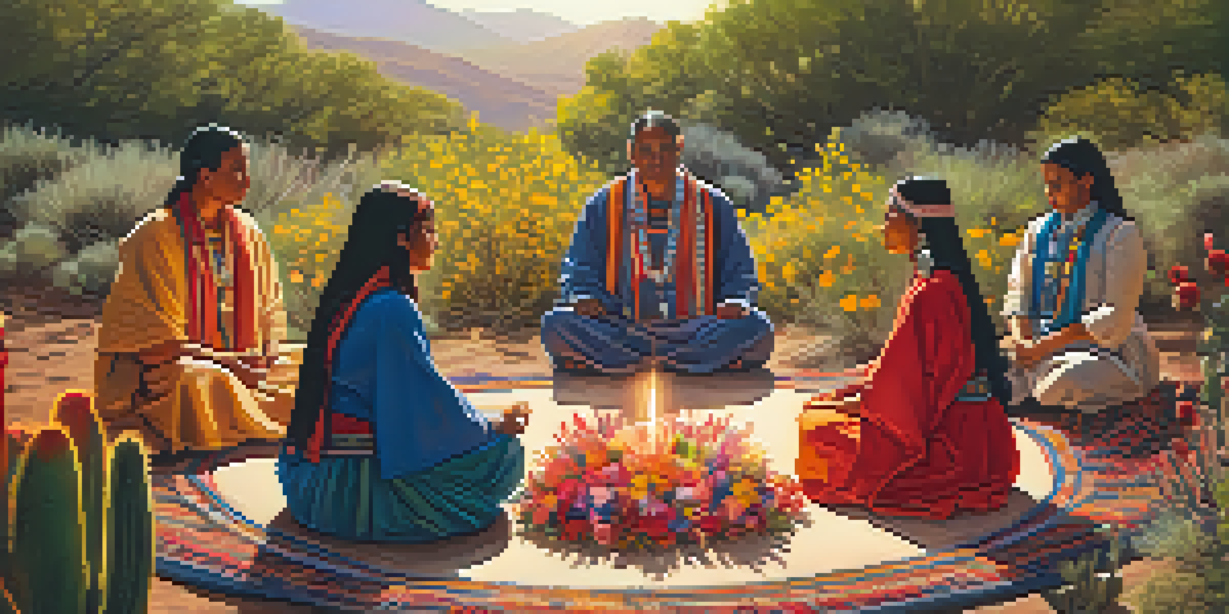 A peaceful outdoor peyote ceremony with diverse participants sitting in a circle, surrounded by wildflowers and soft earth, illuminated by warm golden light.